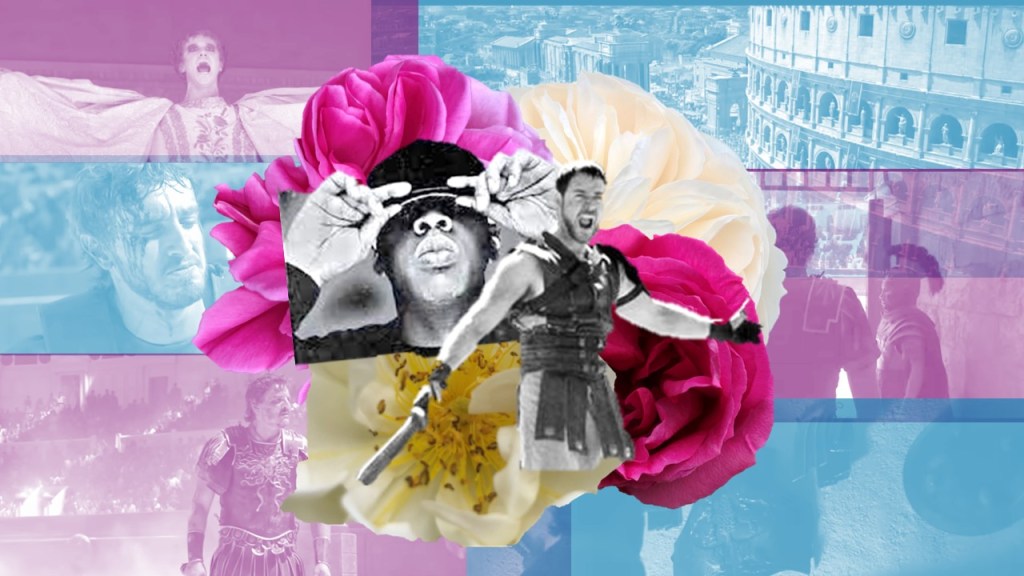 Collage: JAY-Z; Gladiator; Are You Not Entertained; stills from the Gladiator 2 trailer in the background.