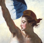 A close up from Eugene Delacroix's Liberty leading the People, focussed on her red hat.
