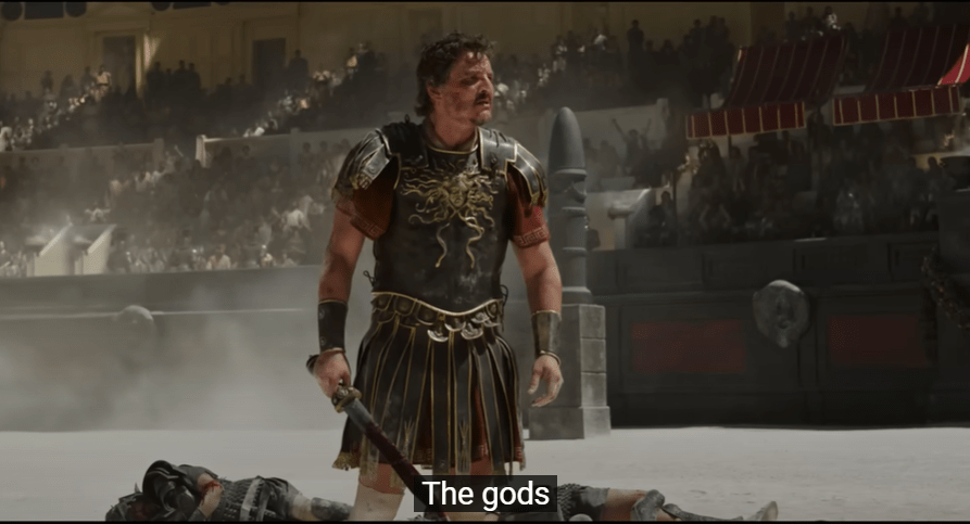 Still from Gladiator 2 trailer. Subtitle: "The gods".